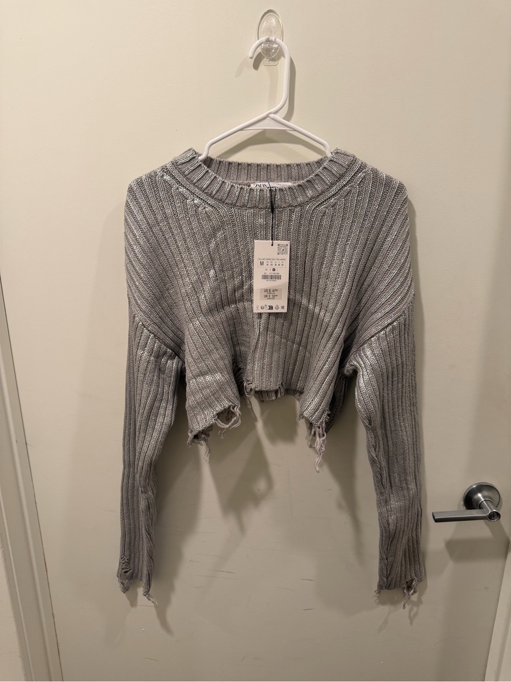 Silver Cropped Ribbed Sweater